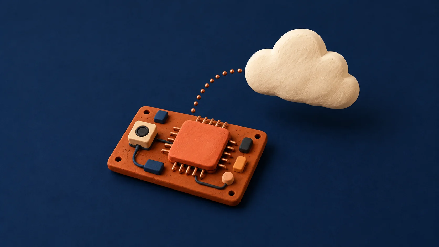 AI-conceptillustratie van een terracotta elektronicabord en een losse wolkvorm, verbonden door stippen; geen foto van een UNO Q-bord.