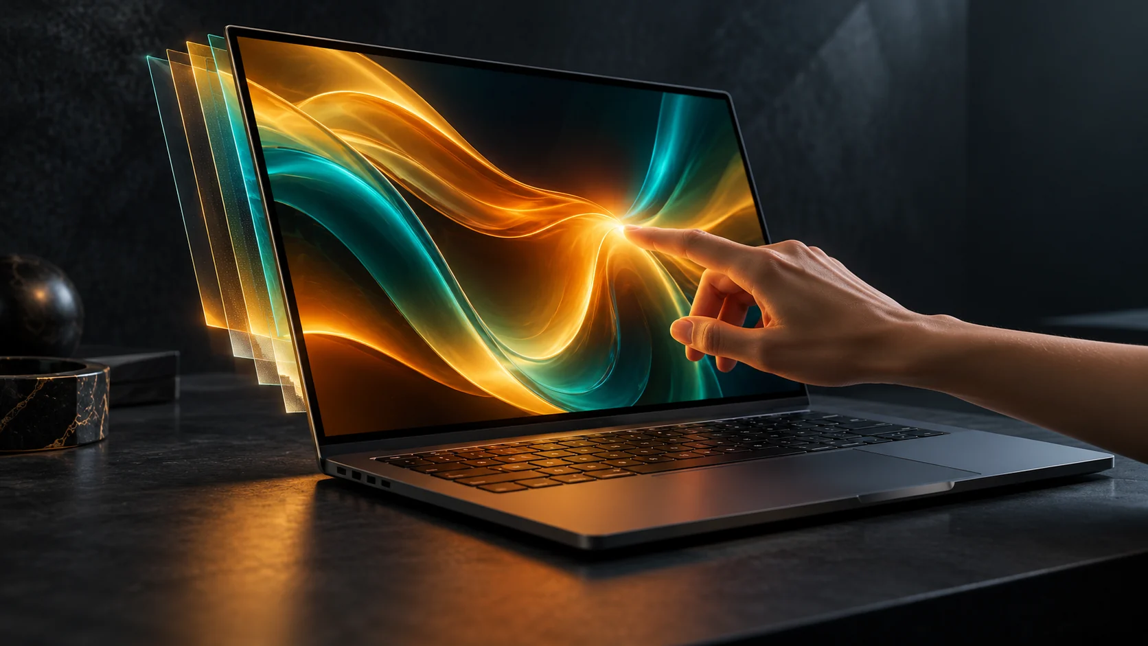 Conceptillustratie van een laptop met een aangeraakt kleurrijk scherm en symbolische glaslagen; geen echte productfoto.