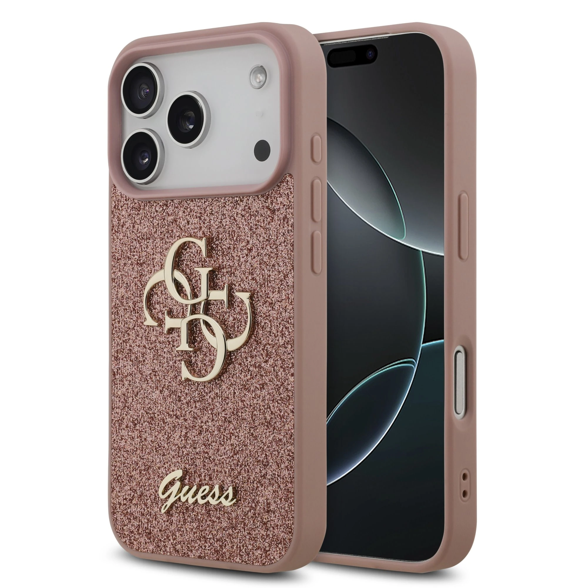 Guess PU Glitter 4G Metal Logo iPhone 17 Pro / 18 Pro Hoesje - Roze
