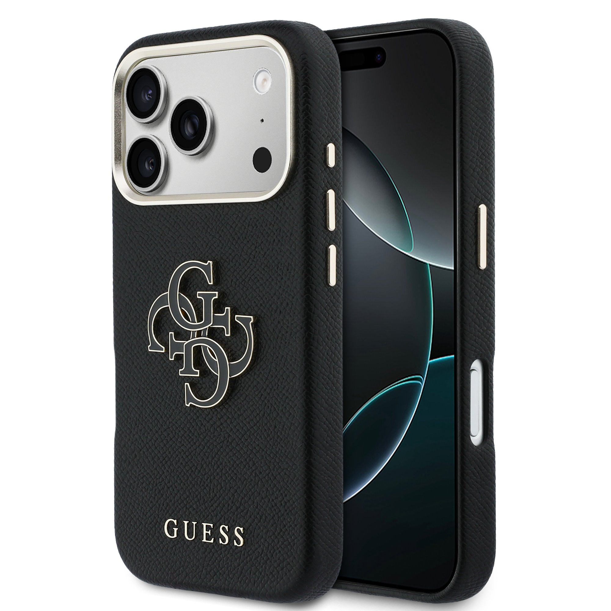 Guess PU Resin Logo hoesje voor iPhone 17 Pro Max en iPhone 18 Pro Max - Zwart