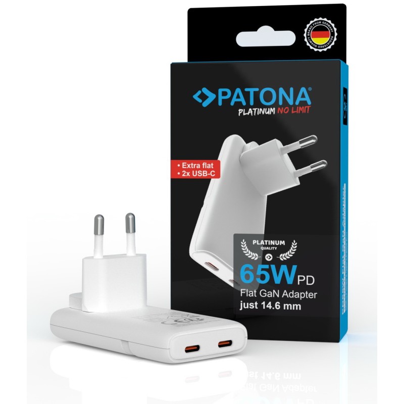 Platinum GaN PD65W platte adapter met 2x USB-C poorten en snellaadtechnologie - Wit