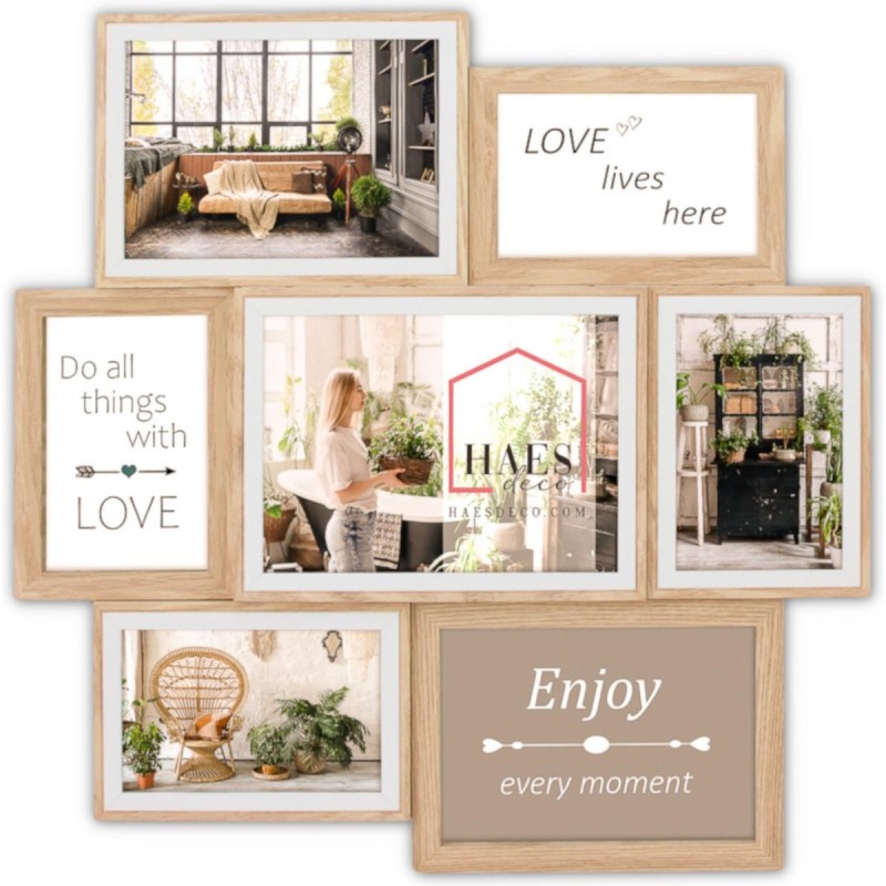 Haes Deco Houten Multi Fotolijst / Galerie Fevik in de kleuren bruin en wit voor 4 foto's 10x15, 2 foto's 13x18 en 1 foto 15x20 (formaat 46x47,5)