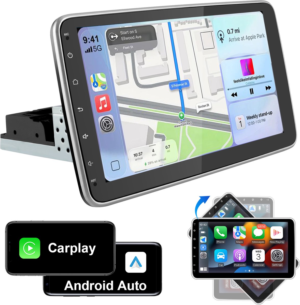1 DIN Android 15 Autoradio met Draadloze Carlay/Android Auto - GPS-navigatiesysteem - Bluetooth - 360° draaibaar scherm met Camera - Stuurwielbediening - WiFi - RDS
