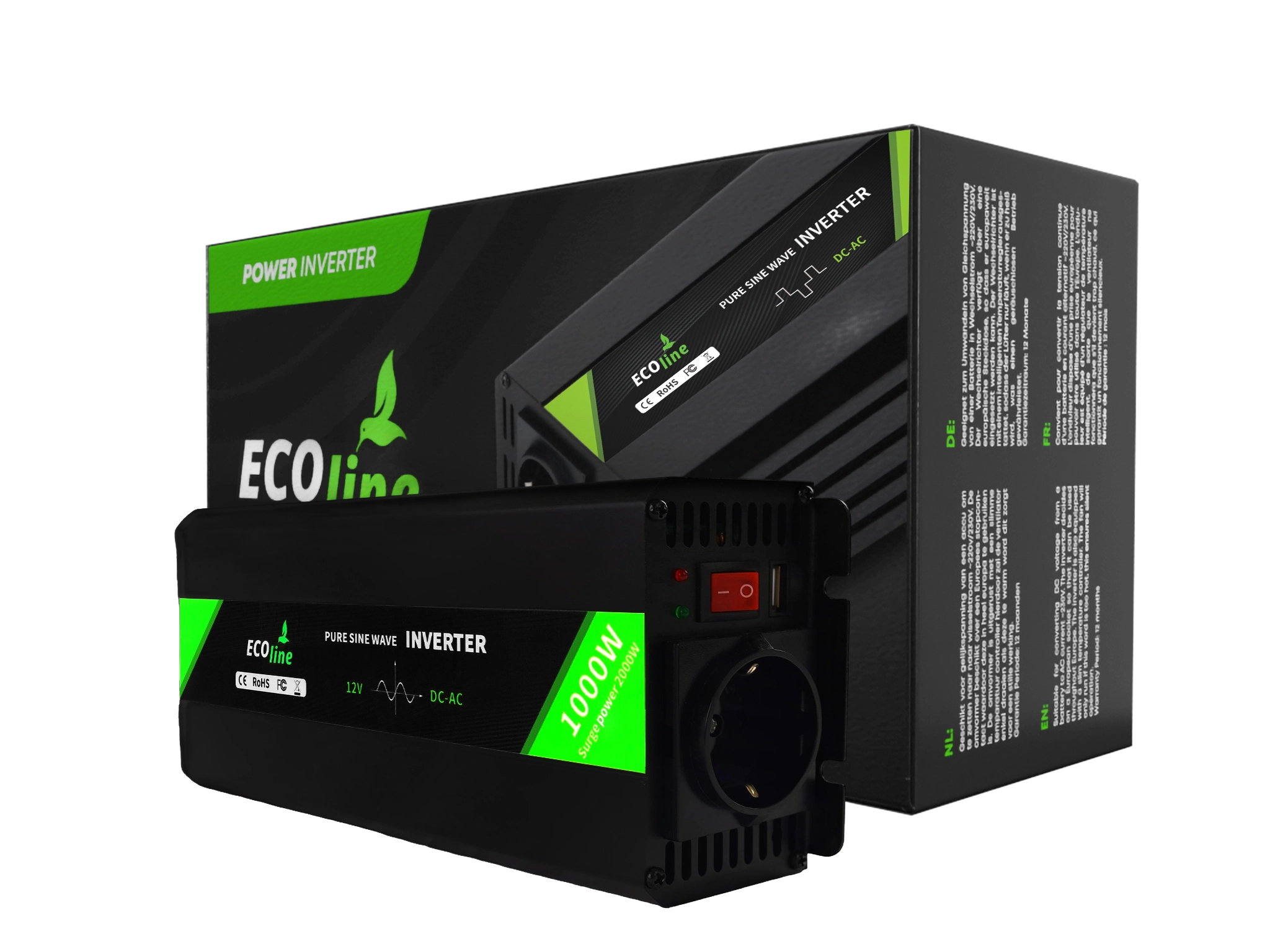 EcoLine 12V naar 230V Omvormer - 1000W Continu / 2000W Piek - Zuivere Sinusgolf - Spanningsomvormer voor Auto, Camper en Caravan