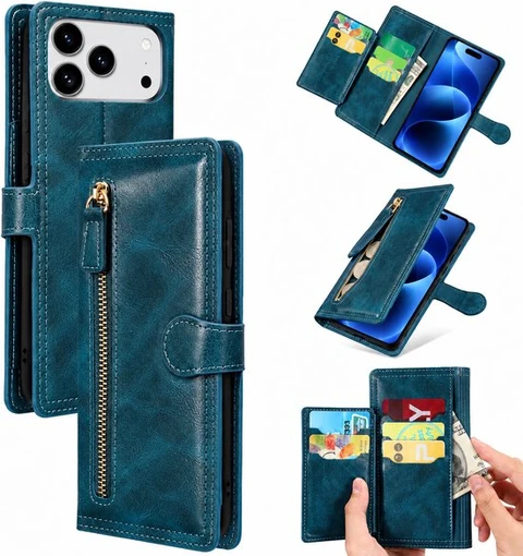 Bookcase Geschikt voor: Apple iPhone 17 Pro - Portemonnee hoesje met ritssluiting en magnetische sluiting -5 pasjes - Donkerblauw