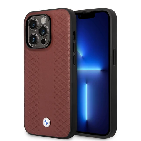 BMW iPhone 14 Pro Max Back Cover hoesje - Red Leather Signature - Diamond Hot Stamp Pattern - Burgundy
