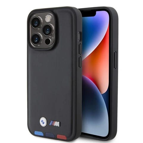 BMW iPhone 15 Pro Genuine Leather Back cover hoesje - Tricolor Stamp - Zwart