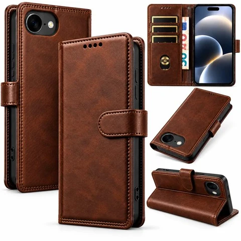 Bookcase Hoesje Geschikt voor iphone 17E / 16E- Luxe PU Kalfsleer Telefoonhoes- Portemonnee Hoesje met Kaartvakken, Contant Geldvak, Magneetsluiting & Standaardfunctie - Bruin