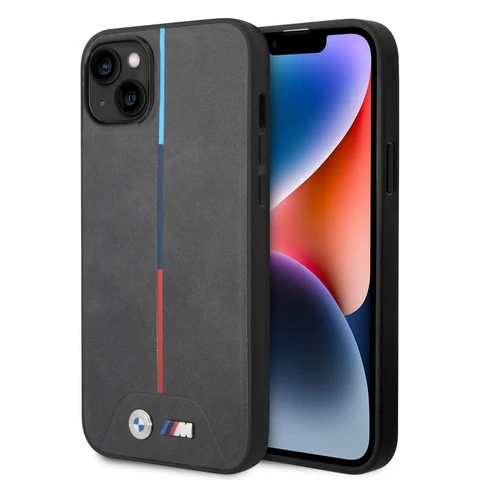 BMW iPhone 14 Plus & 15 Plus Backcover hoesje - M Collection - Quilted - Tricolor Stripe - Grijs
