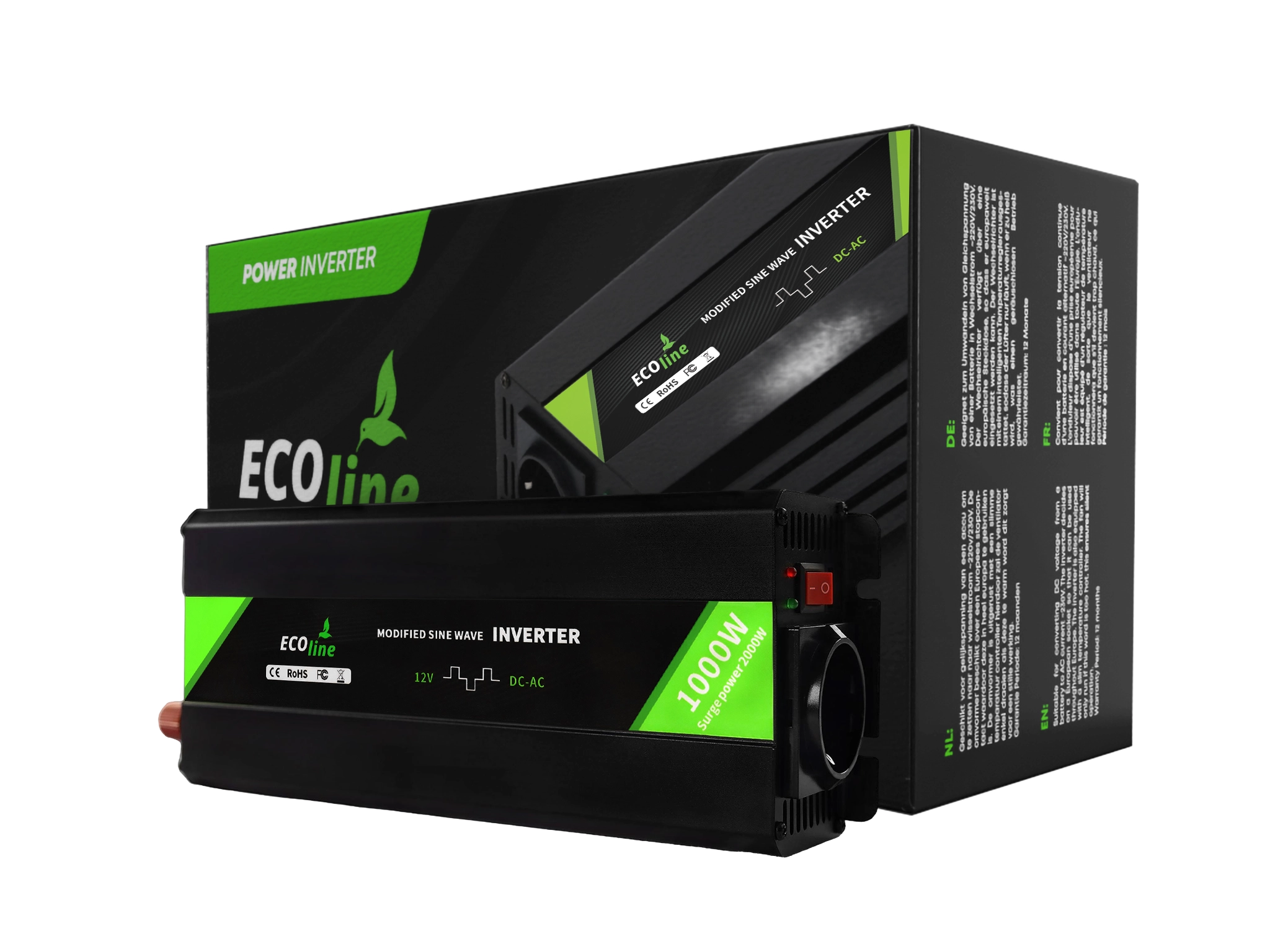 EcoLine 12V naar 230V Omvormer - 1000W Continu / 2000W Piek - Gemodificeerde Sinusgolf - Auto Omvormer