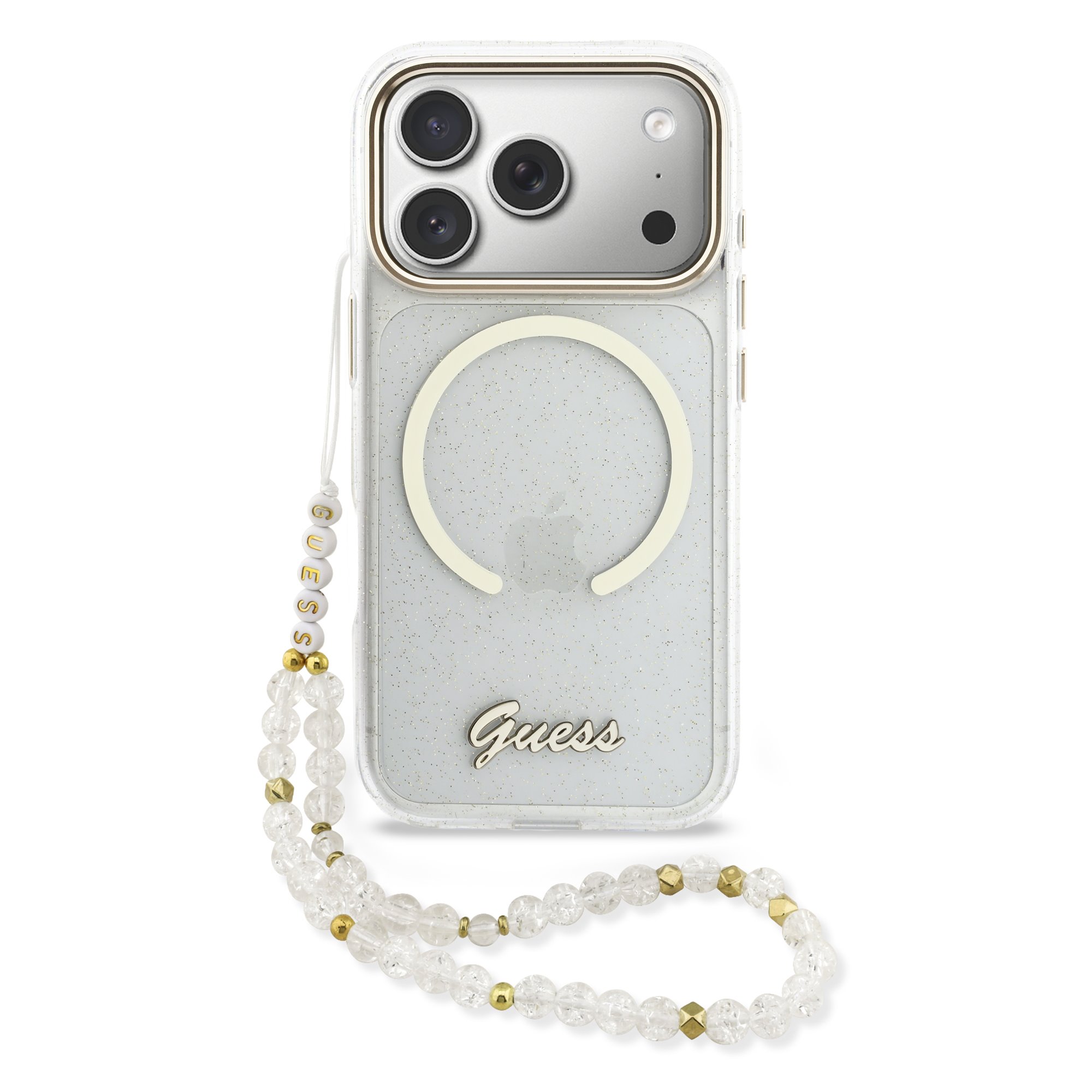 Guess IML Glitter Script Strap MagSafe hoesje voor iPhone 17 Pro Max en iPhone 18 Pro Max - Transparant