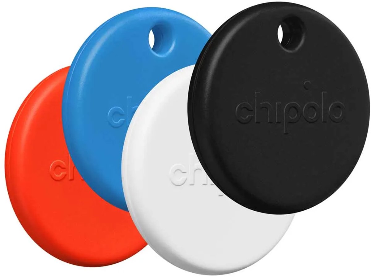Chipolo POP - Bluetooth Tracker & KeyFinder - Werkt met Apple Find My & Android Find My Device - Tracker Apple iPhone & Android - 120 dB - Zwart & Wit & Rood & Blauw - 4 Pack