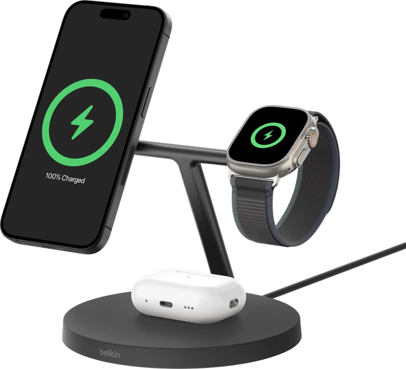 Belkin Boost Charge Pro MagSafe en Qi2 3-in-1 Draadloze Oplader 15W met Standaard Zwart