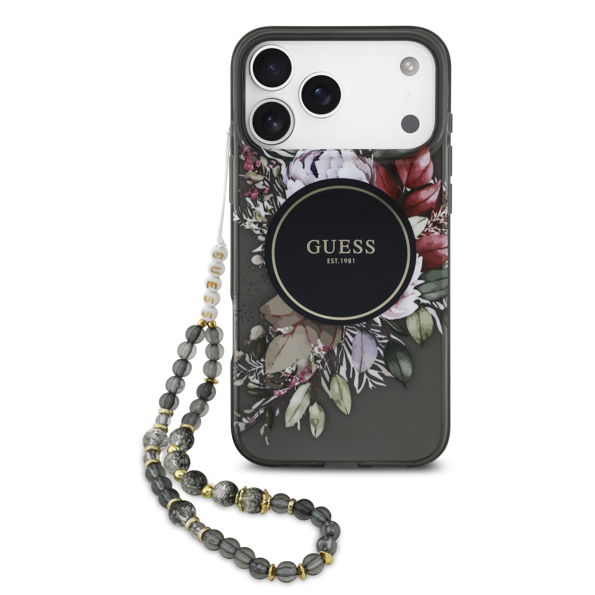 Guess IML Flowers hoesje voor iPhone 17 Pro Max en iPhone 18 Pro Max met MagSafe en koord - zwart