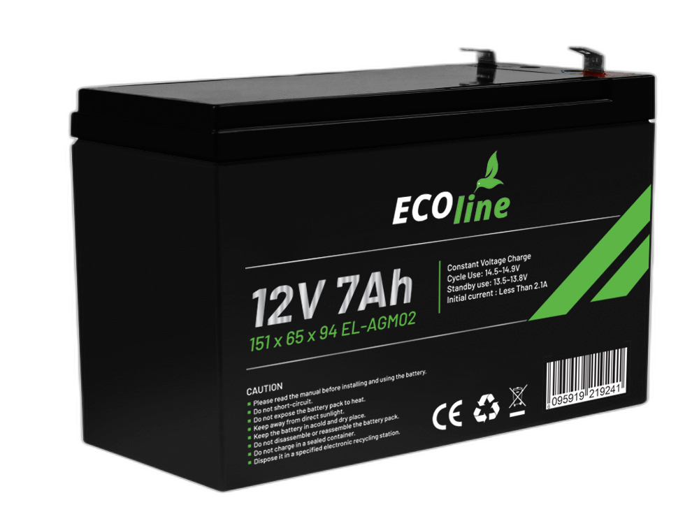 EcoLine - AGM 12V 7AH - 7000mAh VRLA Batterij - 151 x 65 x 94 - Deep Cycle Accu