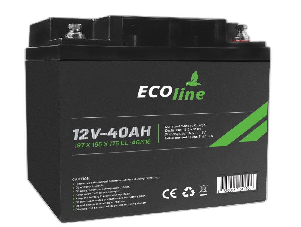 EcoLine - AGM 12V 40AH - 40000mAh VRLA Batterij - 197 x 165 x 175 - Deep Cycle Accu