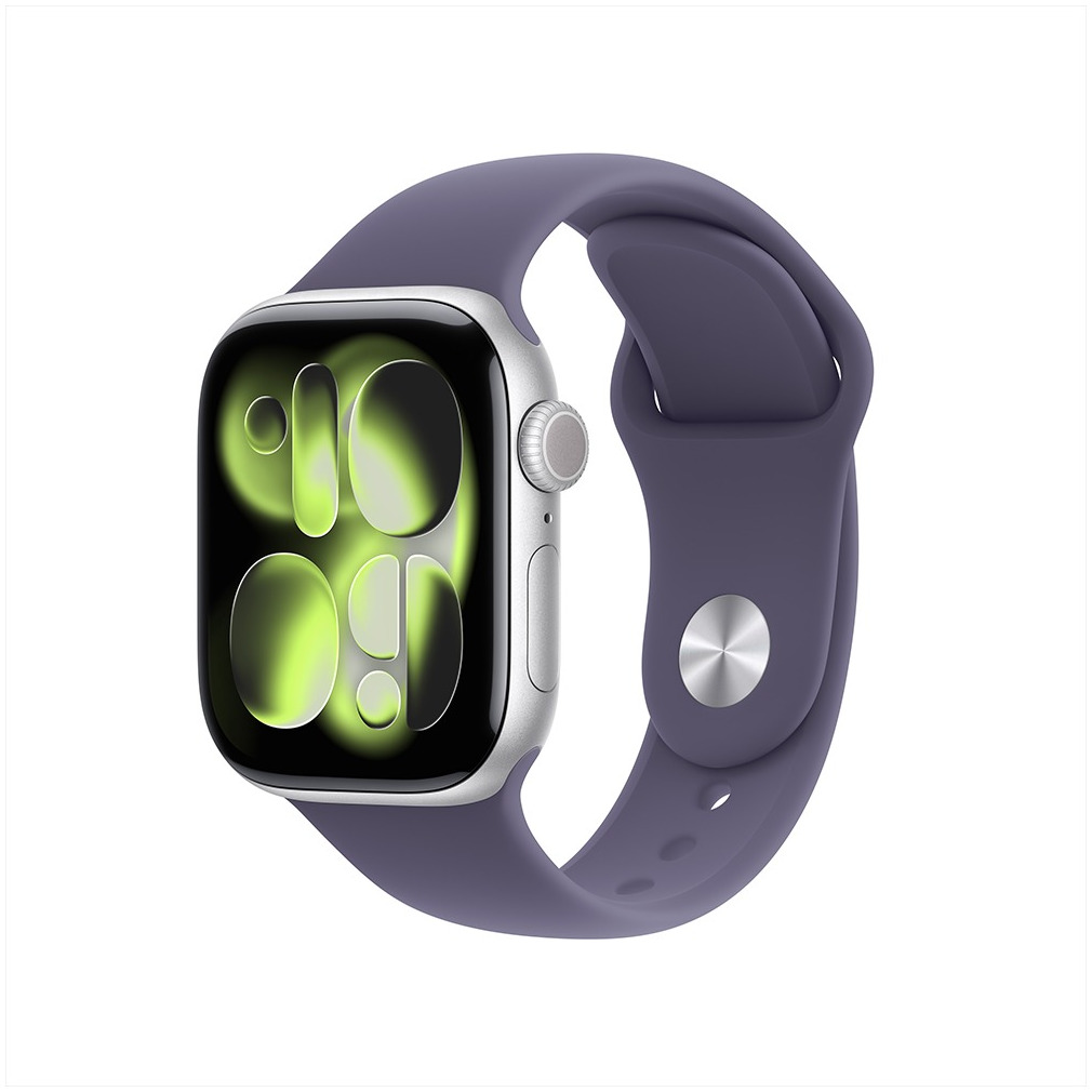Apple Watch Series 11 GPS 46mm Silver Aluminium Case met Purple Fog Sport Band - S/M Smartwatch Zilver