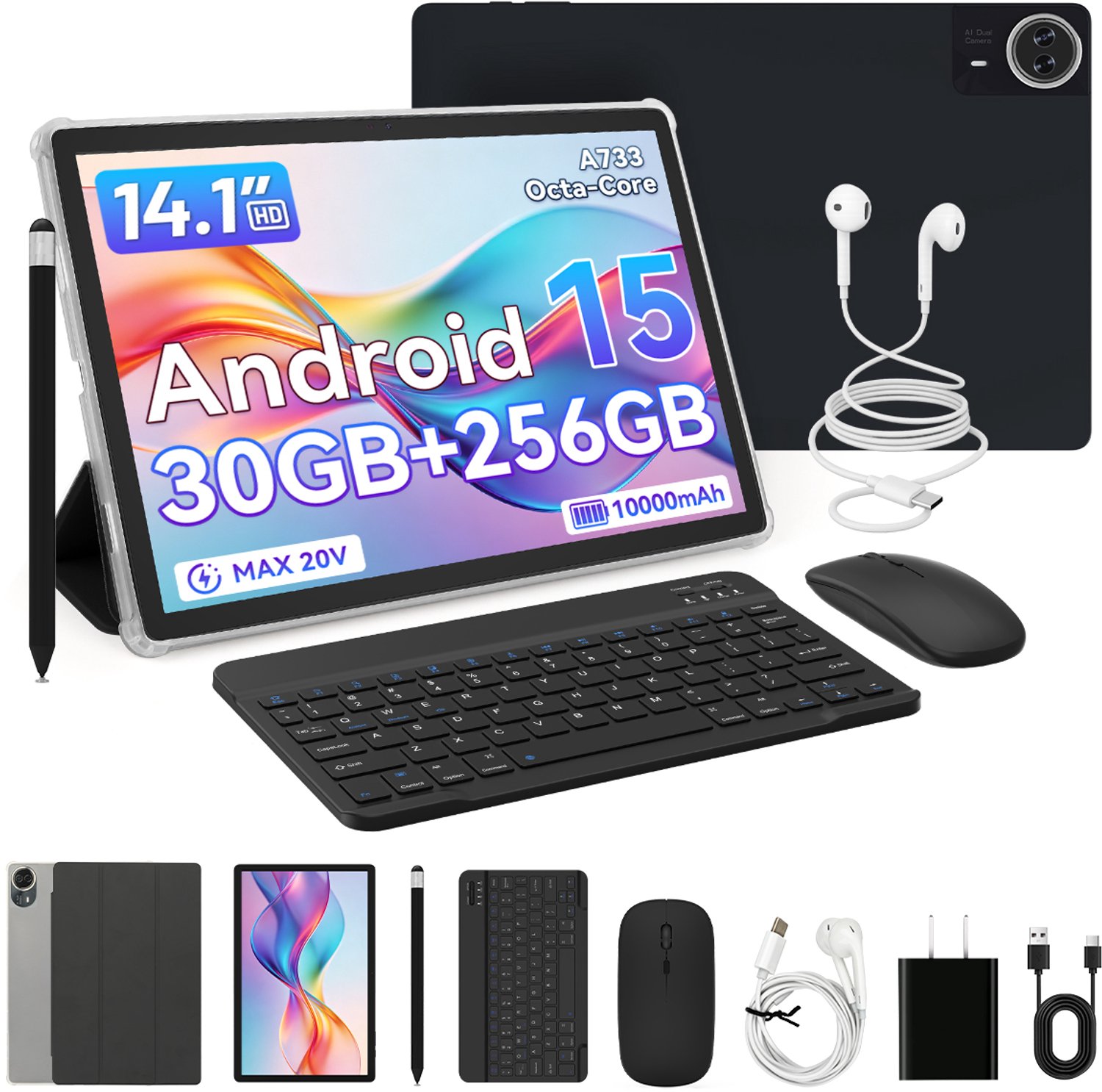 14,1 Inch Android 15 Big Screen Tablet met Toetsenbord en Muis – 30GB RAM + 256GB ROM - 1920x1200 IPS Scherm – 10000mAh Batterij – Inclusief Stylus en Hoes – Zwart