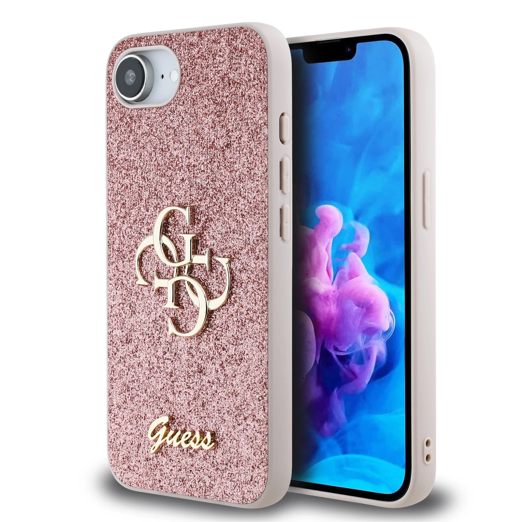 Guess Glitter 4G Metal Logo iPhone 16e hoesje - Roze