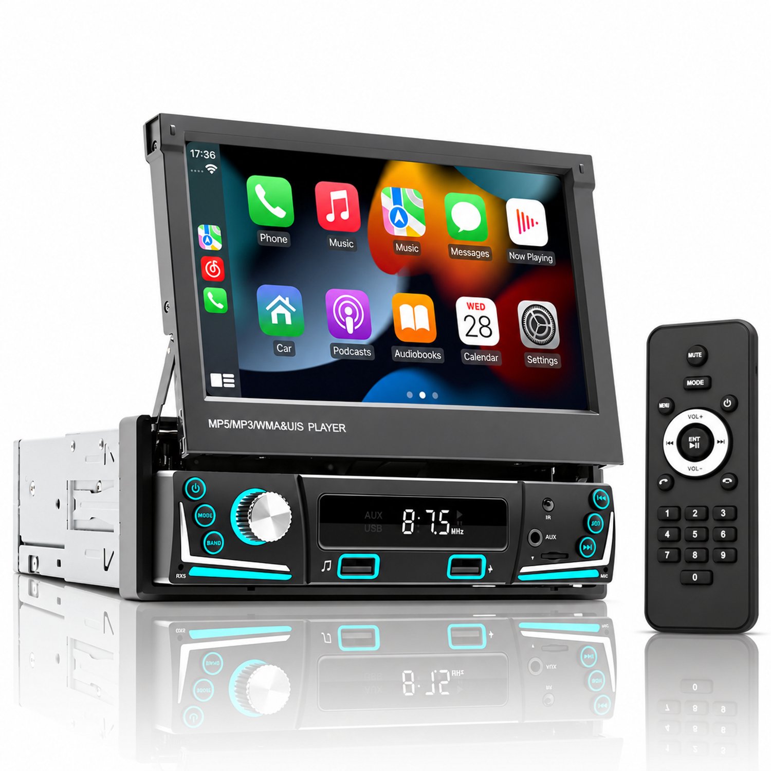 1-DIN Autoradio 7 inch – Draadloos Apple CarPlay – Android Auto – Handmatig Uitschuifbaar Touchscreen – Bluetooth – FM/AM Radio met RDS