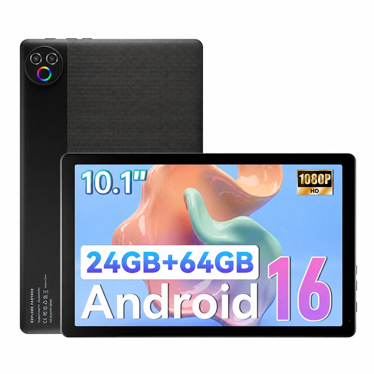 10.1 inch Tablets - Android 16 Tablet - 24(3+21)GB RAM/64GB ROM– 6000mAh - Wifi 6 - Zwart