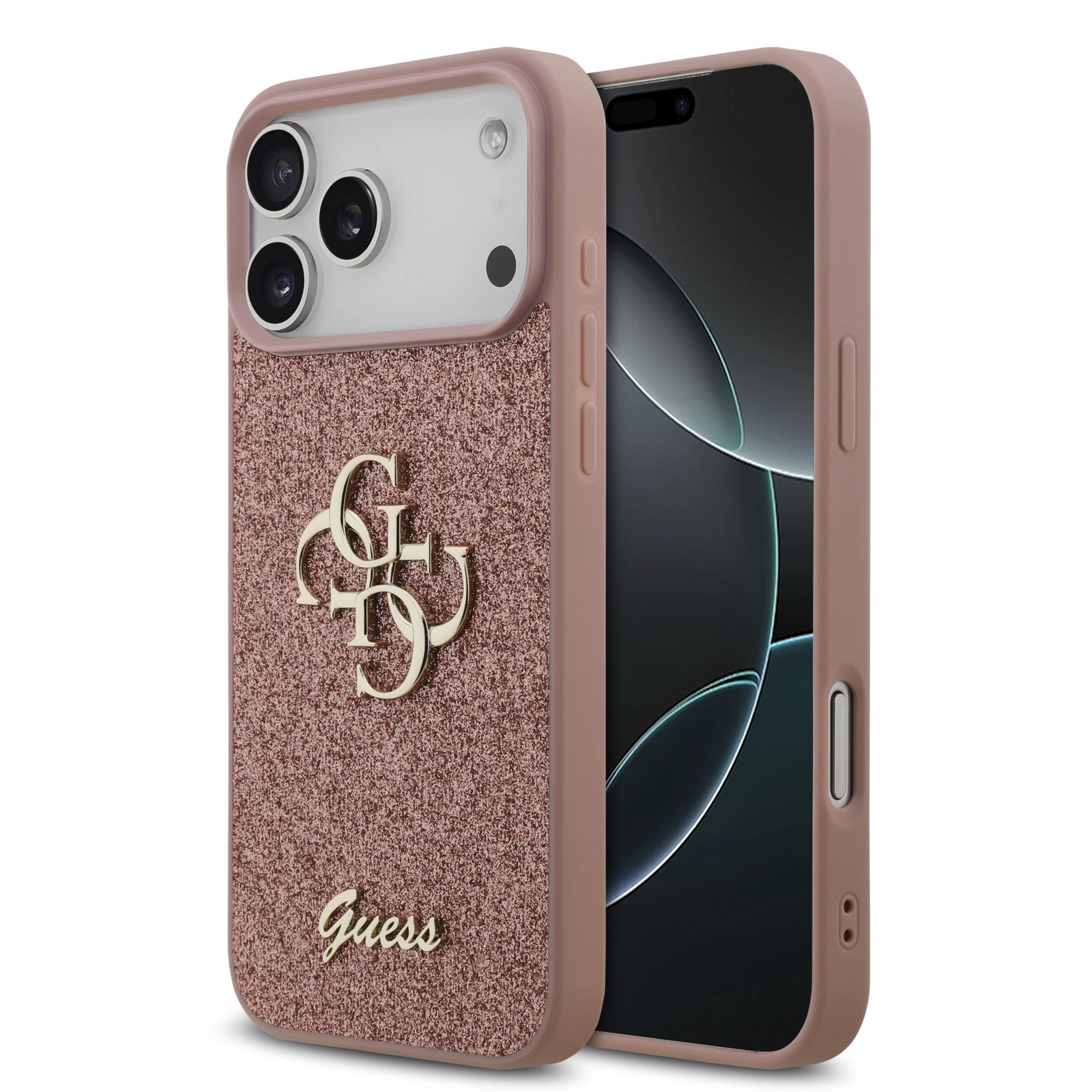 Guess PU Glitter 4G Metal Logo hoesje voor iPhone 17 Pro Max en iPhone 18 Pro Max - Roze