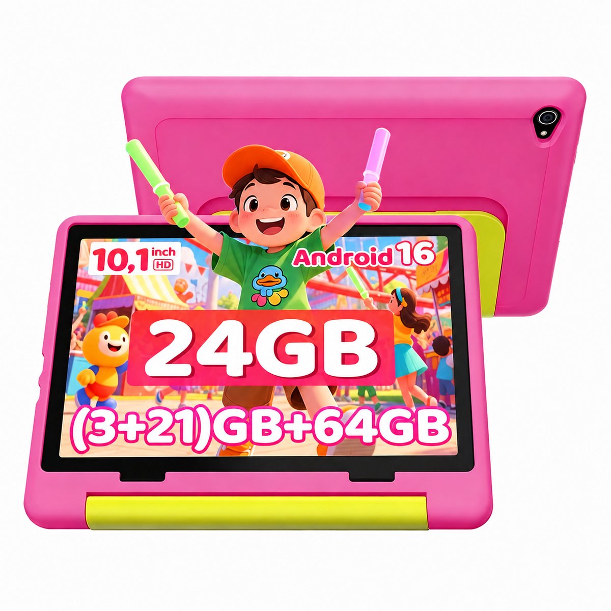 1028 - Android 16 kindertablet - 10.1 inch - 24(3+21)GB RAM/64GB ROM– 6000mAh - Roze