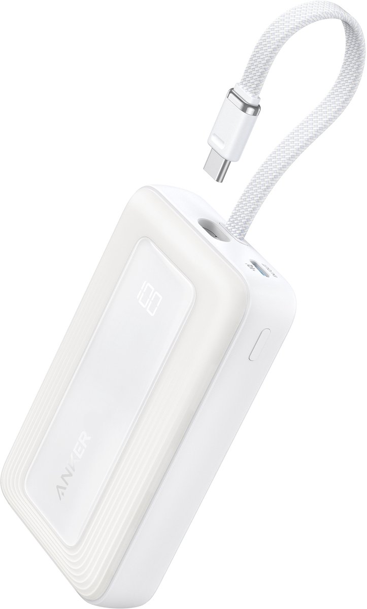 Anker Zolo Powerbank - 20.000mAh - 30W - Geïntegreerde USB-C Kabel - 1x USB-C & 1x USB-A Poort - Wit - Compact & Draagbaar Ontwerp