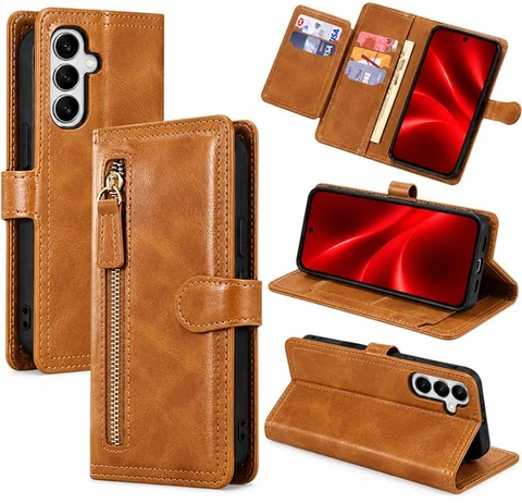 Bookcase Geschikt voor: Samsung Galaxy A17 - Portemonnee hoesje met ritssluiting en magnetische sluiting -5 pasjes - Lichtbruin