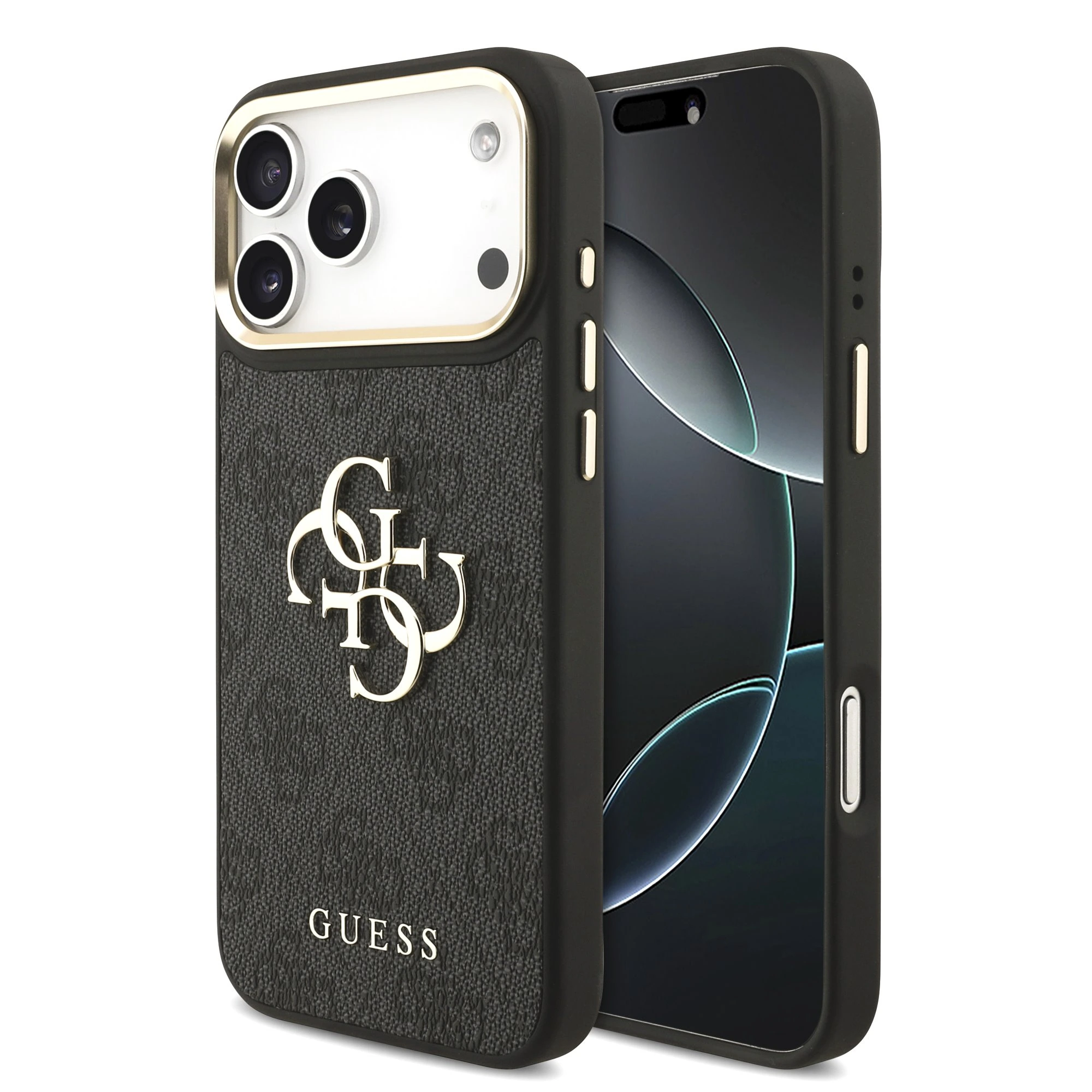 Guess PU Leather 4G Metal Logo Gold Frame hoesje voor iPhone 17 Pro Max en iPhone 18 Pro Max - Zwart