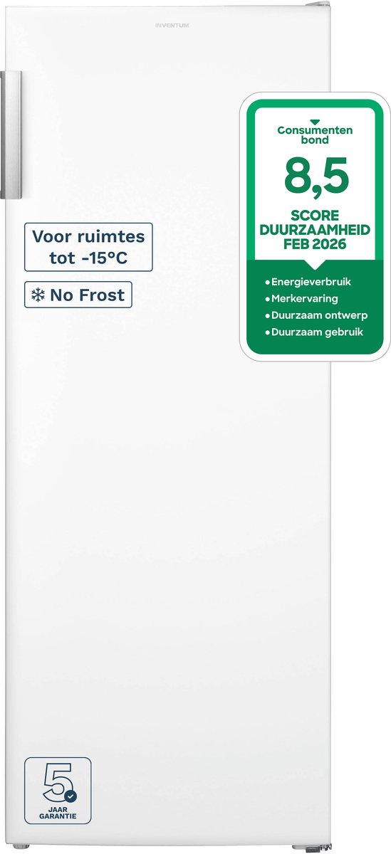 Inventum VR1430W No Frost kastmodel vriezer energiezuinig - 161 liter - 143 cm hoog - Supervriezen - Energielabel C - Geschikt voor garage en schuur tot -15°C - Diepvrieskast - Vrijstaand - 5 lades/vakken - Wit