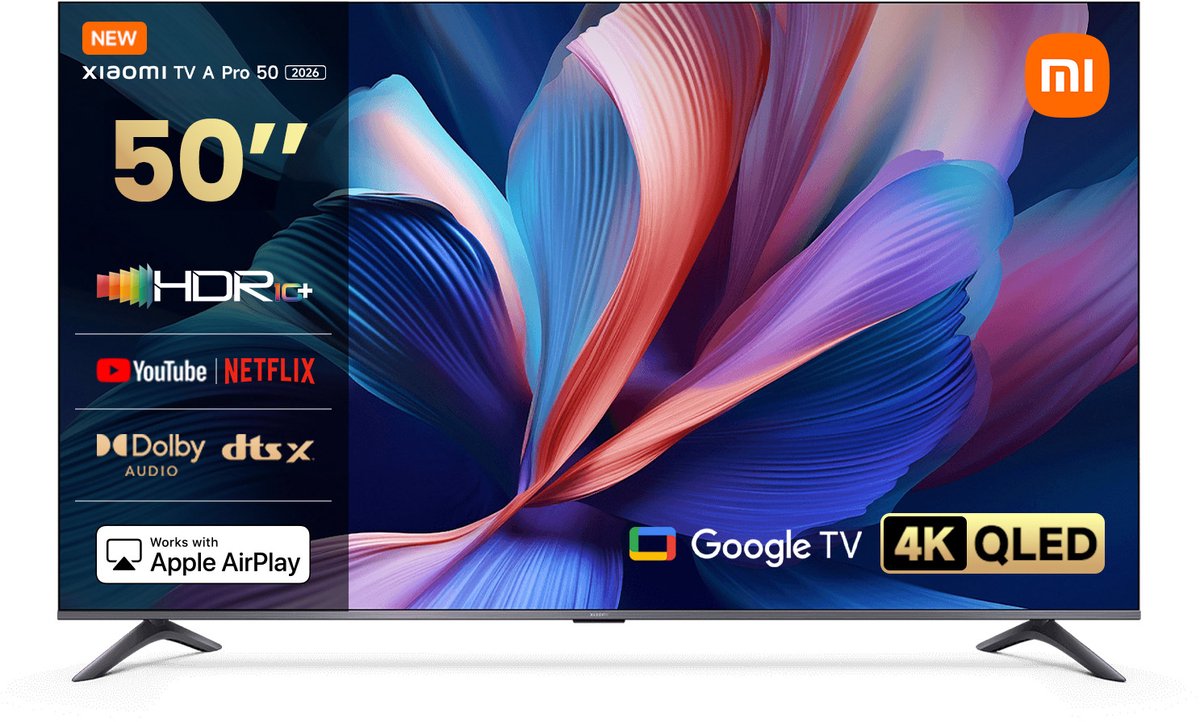 Xiaomi TV A Pro 2026 50 inch | 4K QLED Google TV | HDR10+ & Filmmaker Mode | 120Hz gaming | Dolby Audio & DTS-X | 94% DCI-P3 | AirPlay, Google Cast & Miracast | Google Assistant