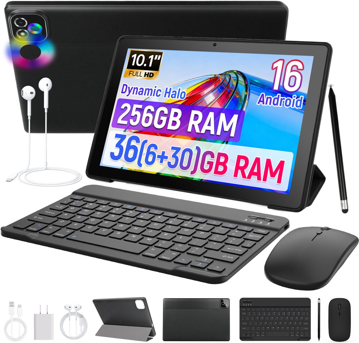10.1 inch Android Tablet - Android 16 - 6GB RAM + 256GB opslag - 6000mAh - Inclusief Hoesje, Toetsenbord, Muis & Koptelefoon - WiFi 6 - Zwart