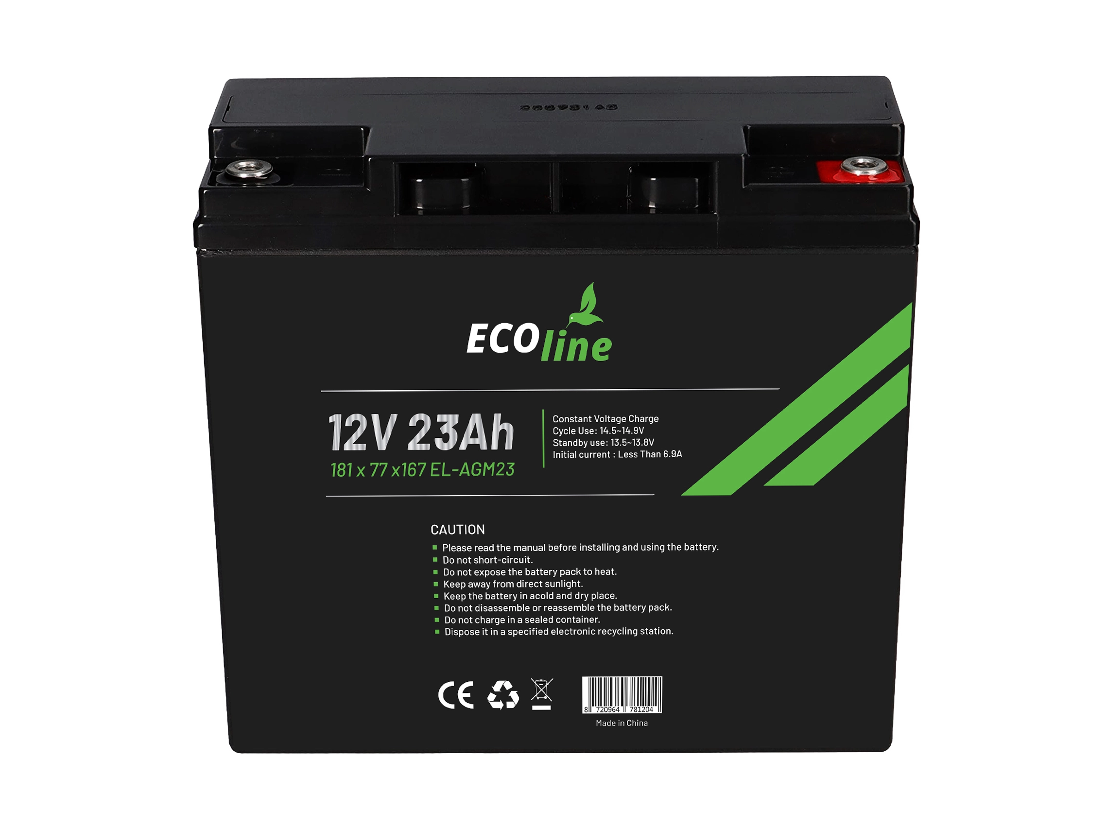EcoLine - AGM 12V 23AH 23000mAh VRLA Batterij - 181 x 77 x167 - Deep Cycle Accu