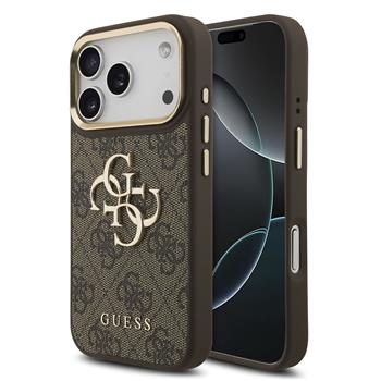 Guess PU Leather 4G Metal Logo Gold Frame Hoesje voor iPhone 17 Pro en iPhone 18 Pro - Bruin