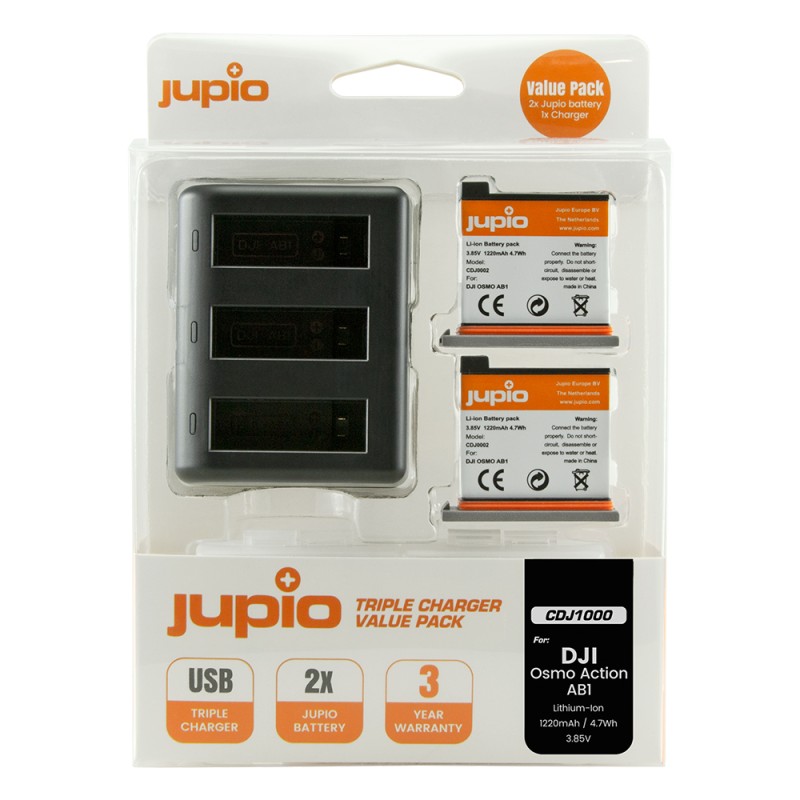 Jupio Kit: 2 x accu DJI Osmo Action AB1 1220mAh + Compacte USB Triple lader