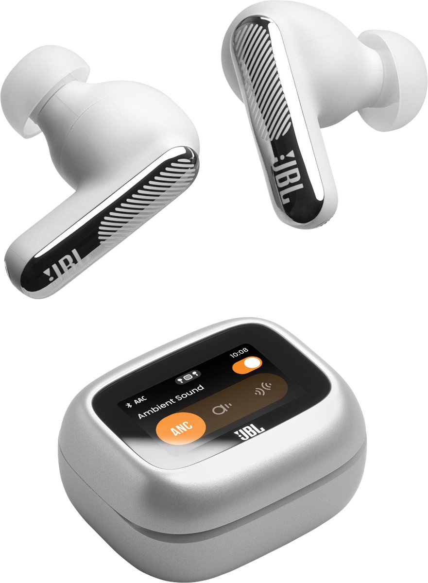 JBL Live Beam 4 – Draadloze Oortjes met Noise Cancelling – Smart Case met Touchscreen - True Wireless Bluetooth – 48 uur – Waterdicht – IP55 - Zilver