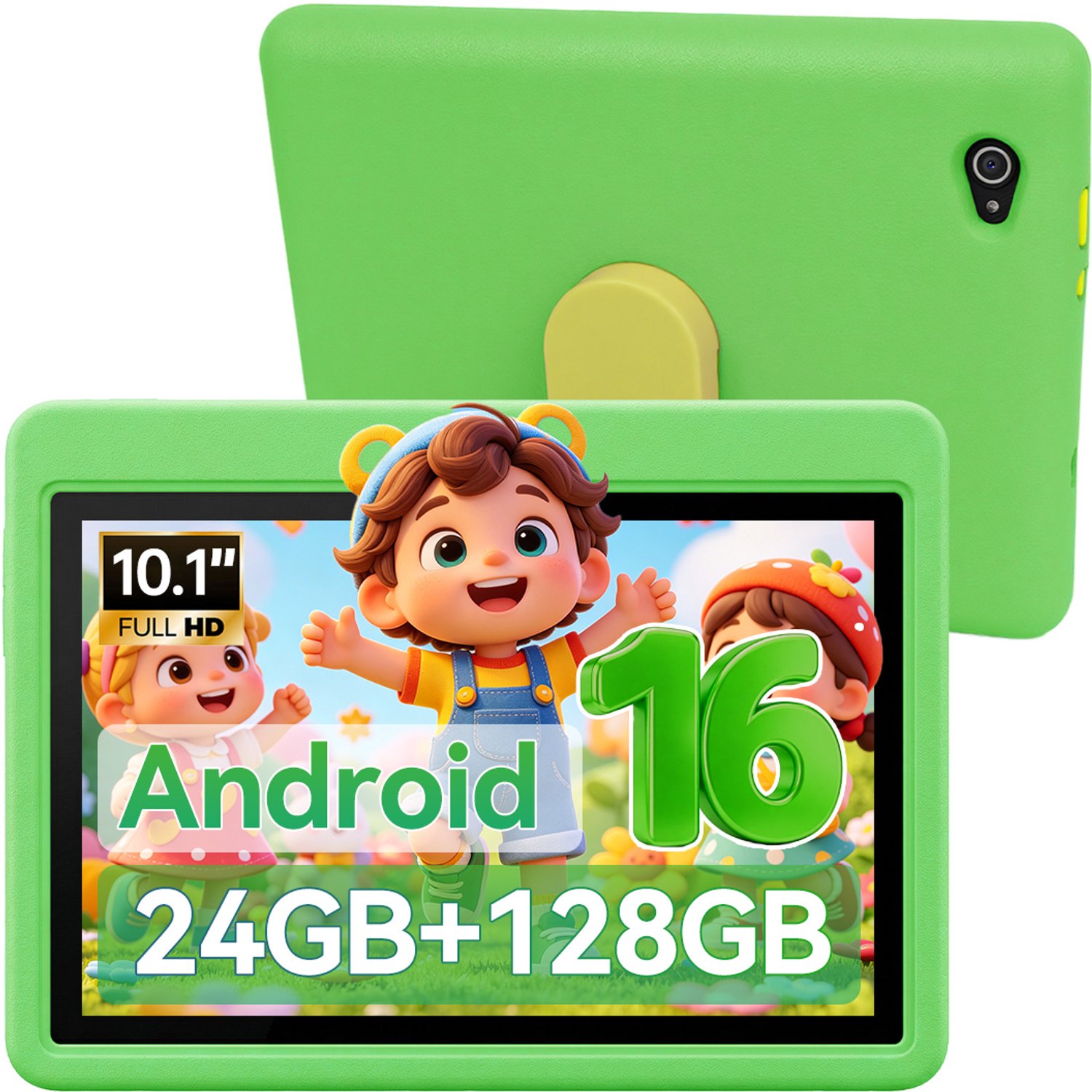 10,1" HD Kinder Tablet - Leerzame Android 16 Tablet voor Kinderen - 24GB+128GB - Schokbestendige EVA-hoes - Groen