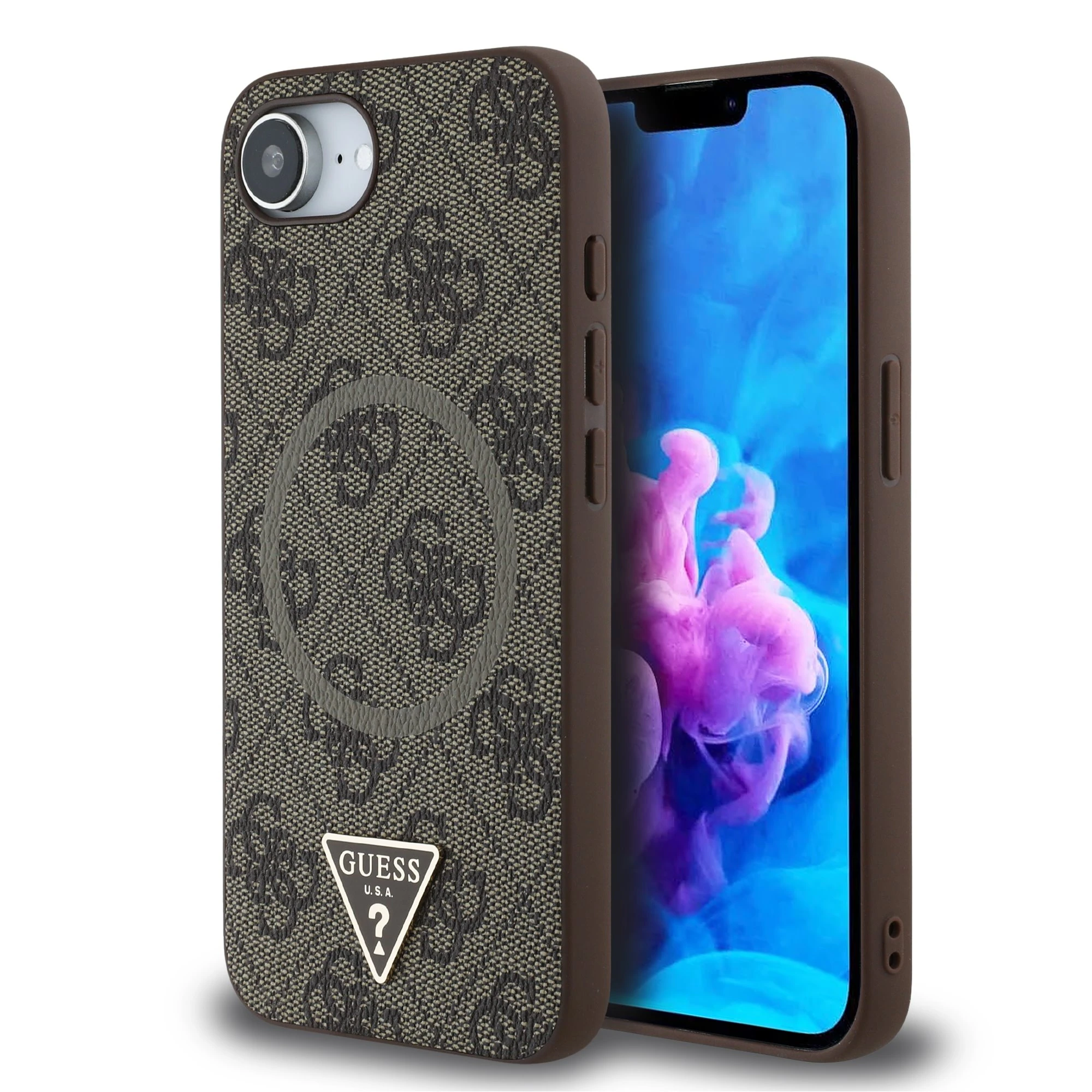 Guess Triangle Metal Logo met MagSafe iPhone 16e hoesje - Bruin