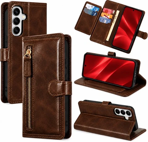Bookcase Geschikt voor: Samsung Galaxy A36 - Portemonnee hoesje met ritssluiting en magnetische sluiting -5 pasjes - Donkerbruin