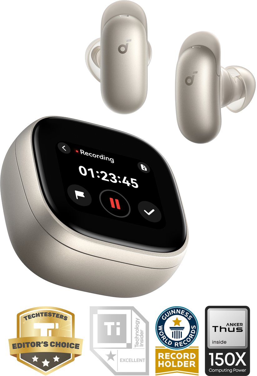 soundcore Liberty 5 Pro Max by Anker - Anker Thus Al Chip - AI Note-Taker - Kristalheldere Gesprekken - Noise Cancelling Oordopjes - 1.78" AMOLED Display - ANC Met 6-5 U/28 U Speeltijd - AI Vergadertranscriptie - Goud