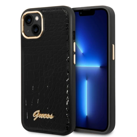 Guess iPhone 14 & 15 Plus Hardcase Backcover - Croco - Metal Buttons & Camera - Zwart