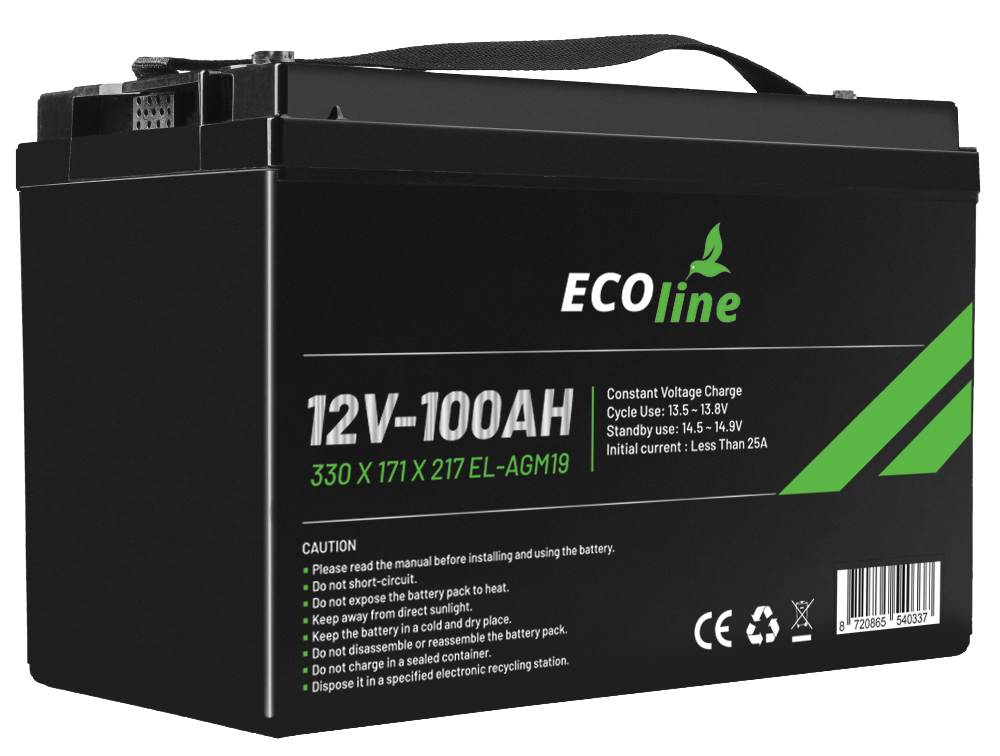 EcoLine - AGM 12V 100AH - 100000mAh VRLA Batterij - 330 x 171 x 217 - Deep Cycle Accu