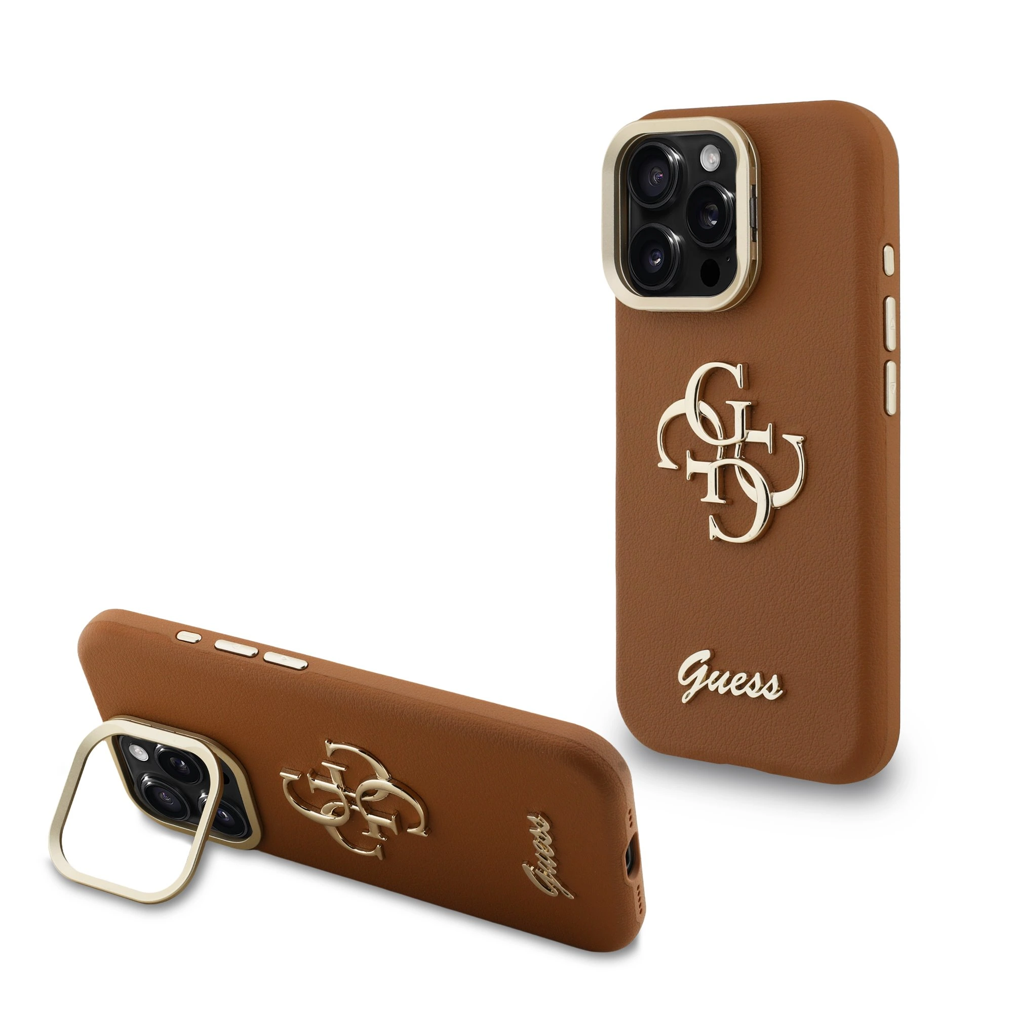 Guess 4G Logo met Camerastand functie iPhone 15 Pro hoesje - Bruin