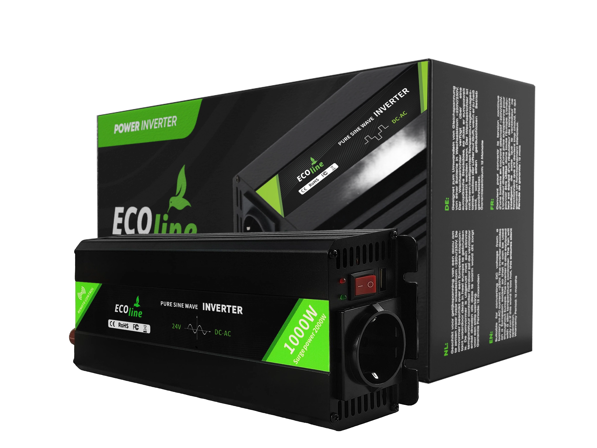 EcoLine 24V naar 230V Omvormer - 1000W Continu / 2000W Piek - Zuivere Sinusgolf - Auto Omvormer met Afstandsbediening