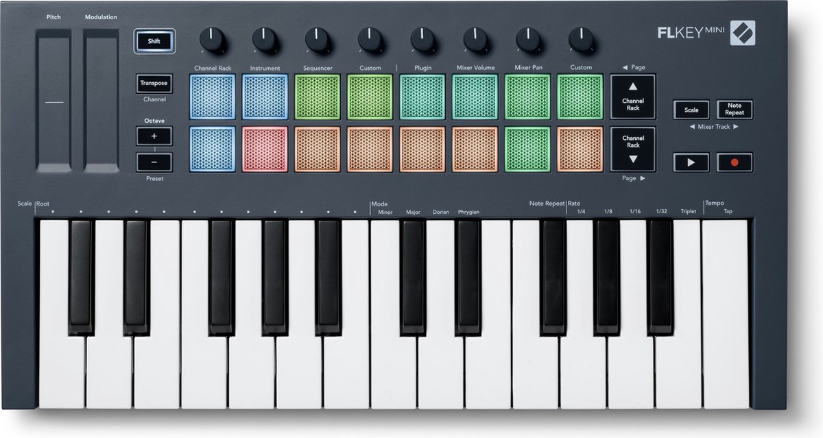 Novation Launchkey Mini 25 MK4 - MIDI Keyboard Controller - 2 Octaven Mini-Toetsen - 16 FSR Drumpad - 8 Encoders - OLED Display - USB-C - DAW Integratie
