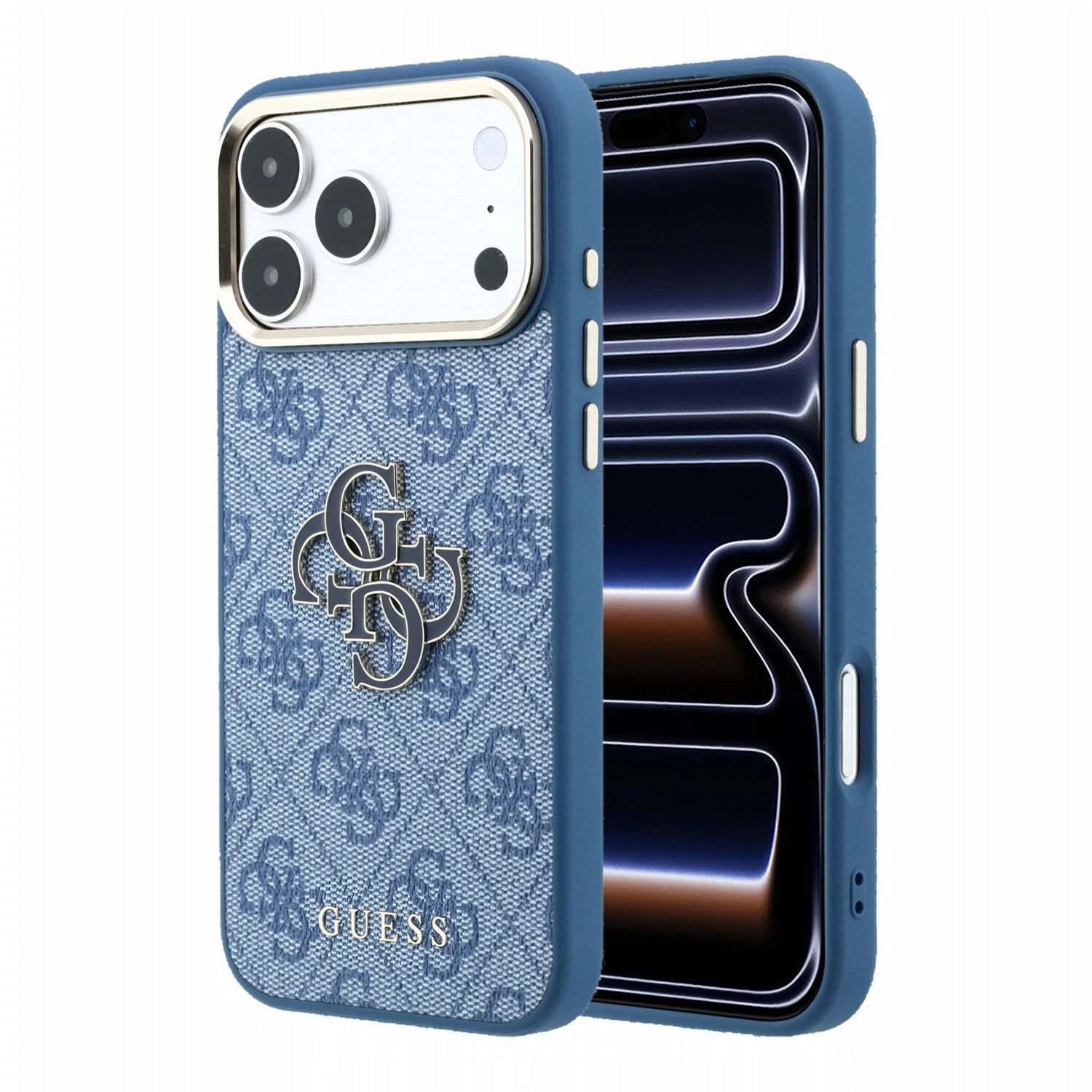Guess PU 4G Resin Metal Logo backcover voor iPhone 17 Pro Max en iPhone 18 Pro Max - blauw