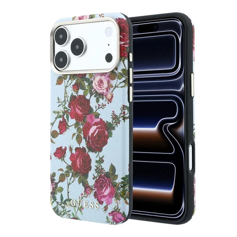 Guess iPhone 18 Pro Max Hoesje harde behuizing - MagSafe - SW - PU - Blossom Roses-print Lichtblauw