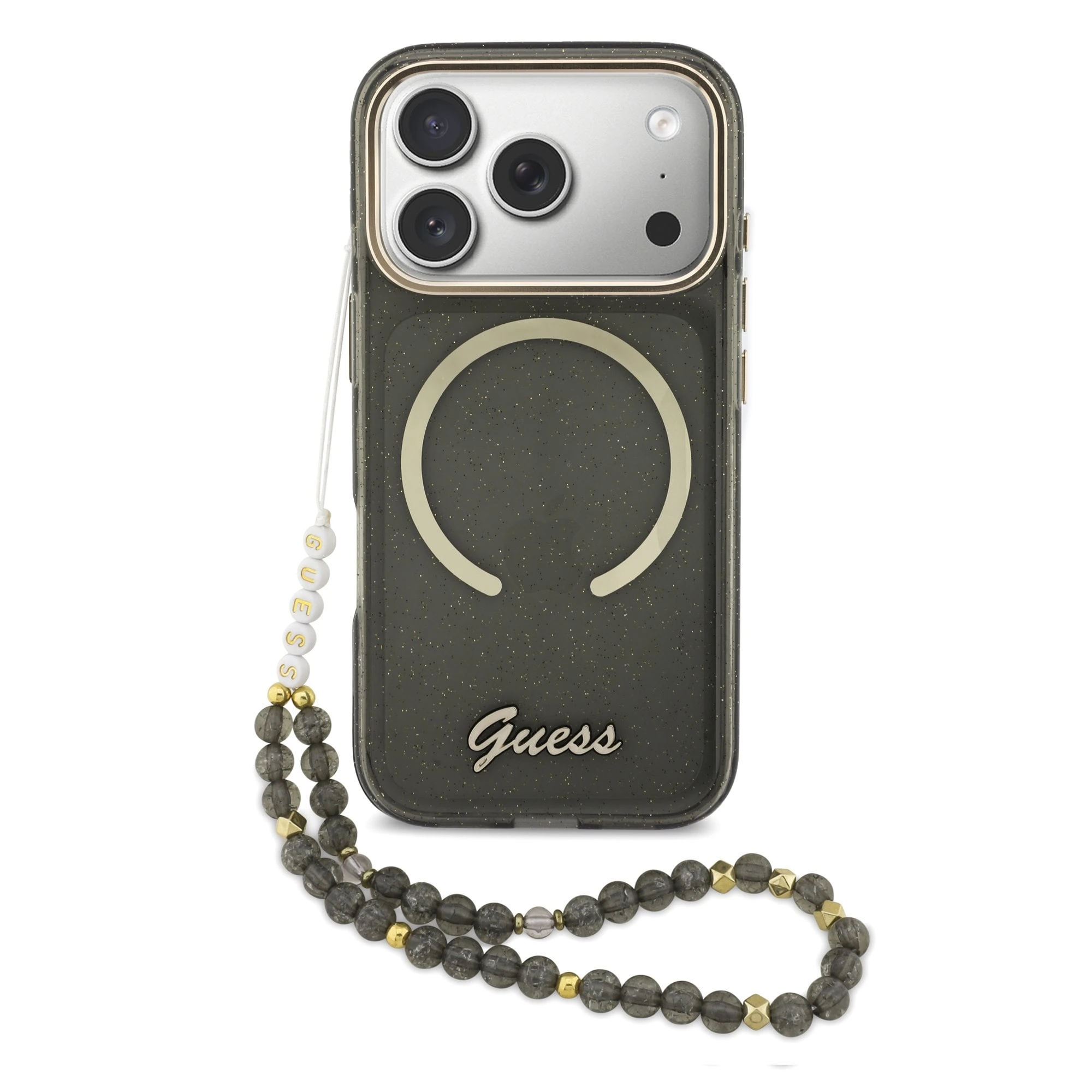 Guess IML Glitter Script Strap MagSafe Hoesje iPhone 17 Pro / 18 Pro - Zwart