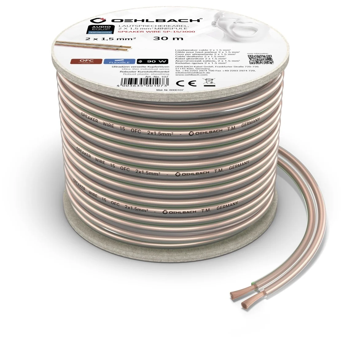 Oehlbach Luidsprekerkabel 2 x 1,5 mm², minihaspel 30 m Luidspreker kabel Transparant